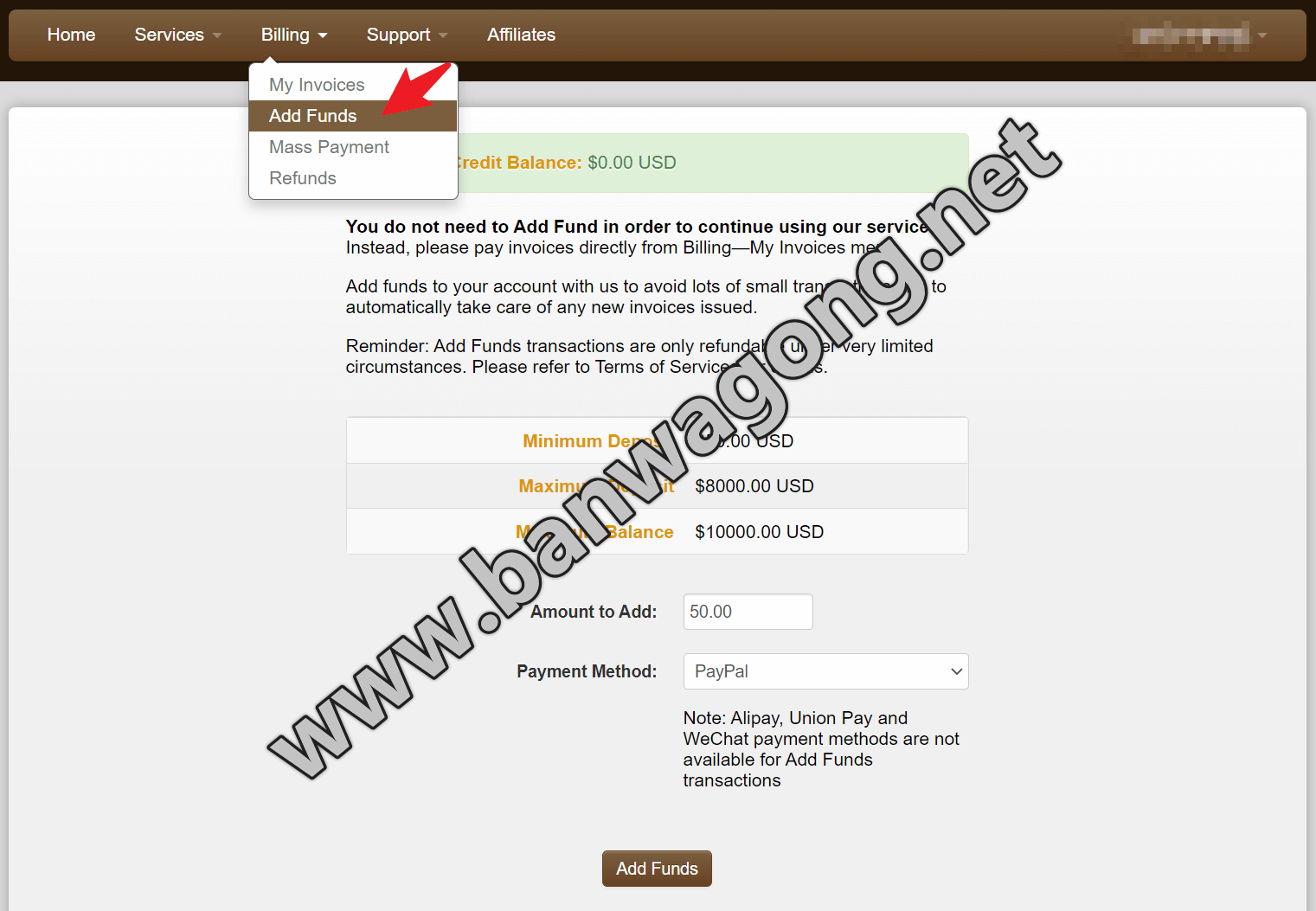 搬瓦工官网后台使用教程- 使用PayPal/信用卡充值账户余额的方法- 搬瓦工-搬瓦工